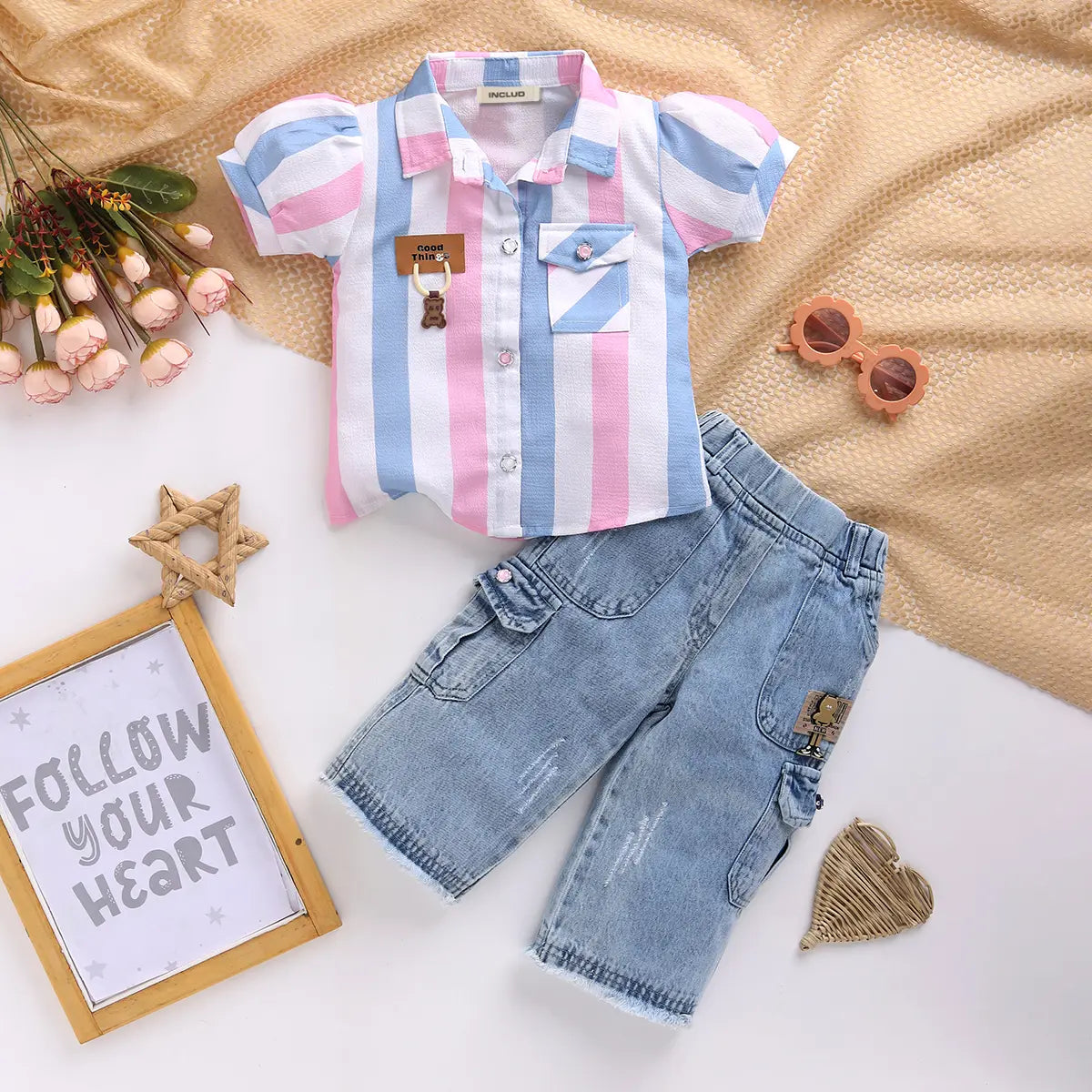 Girls Pink Stripes Short Sleeve Shirt With Denim Capri Sets 2 pc. Sets Pink 1-2 Y