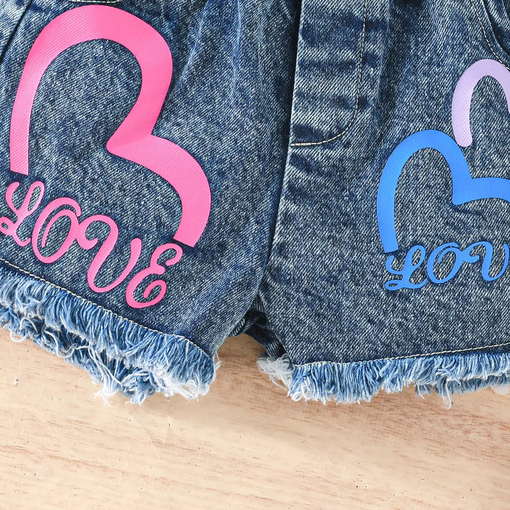 Girls Fuchsia Ruffle One-Shoulder Top With Heart Printed Denim Shorts Sets Sets