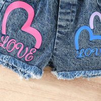 Girls Fuchsia Ruffle One-Shoulder Top With Heart Printed Denim Shorts Sets Sets