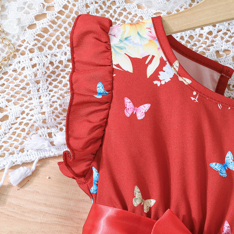 Girls Red Butterfly Printed Flutter Sleeves Dress Casual Dresses