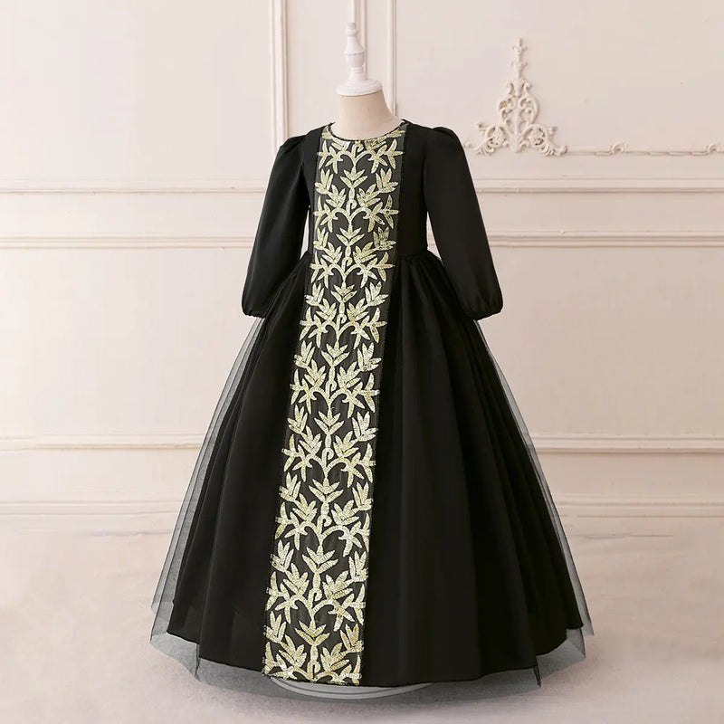 Girls Black Embroidered Maxi Dress With Puff Sleeves Casual Dresses