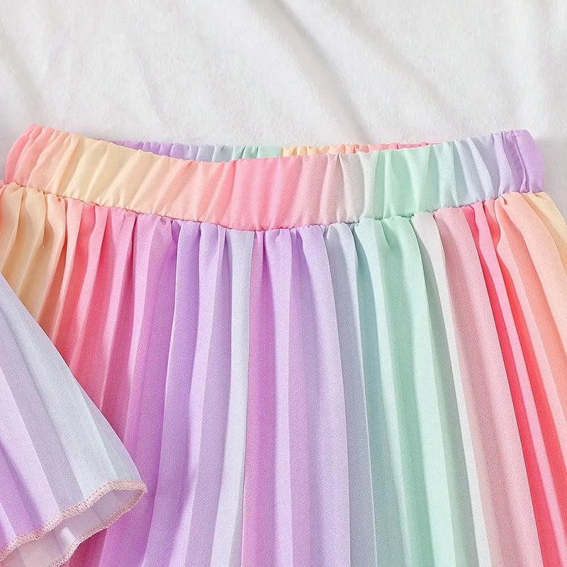 Girls Multicolor Rainbow Stripes Pleated Top & Wide-leg Pants Co-ord Sets Sets