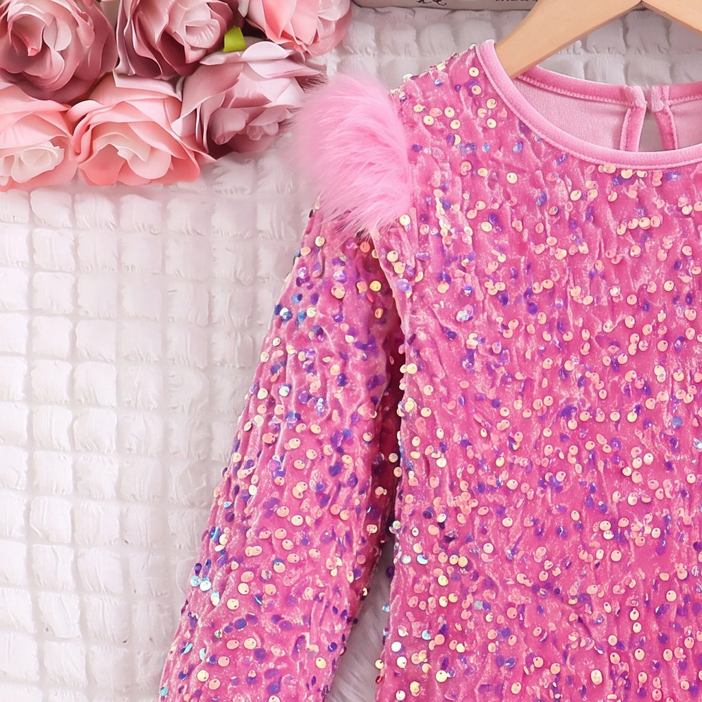 Girls Pink Sequin Embellished Partywear Dress Casual Dresses