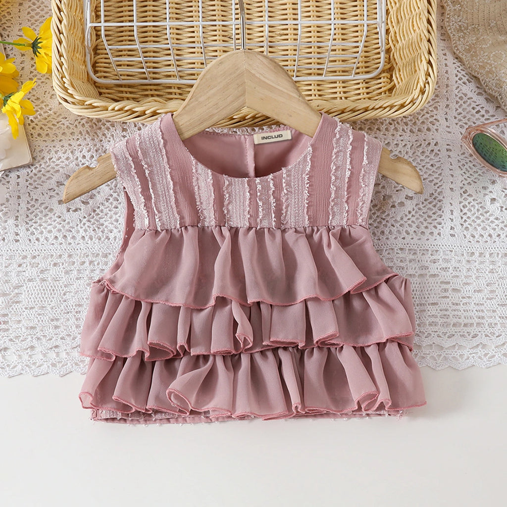 Girls Dusty Rose Self Stripes Ruffle Top With Skirts Set Sets
