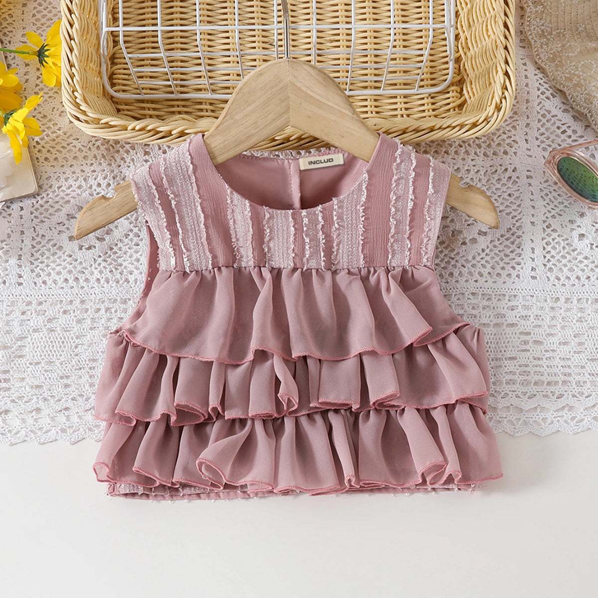 Girls Dusty Rose Self Stripes Ruffle Top With Skirts Set Sets