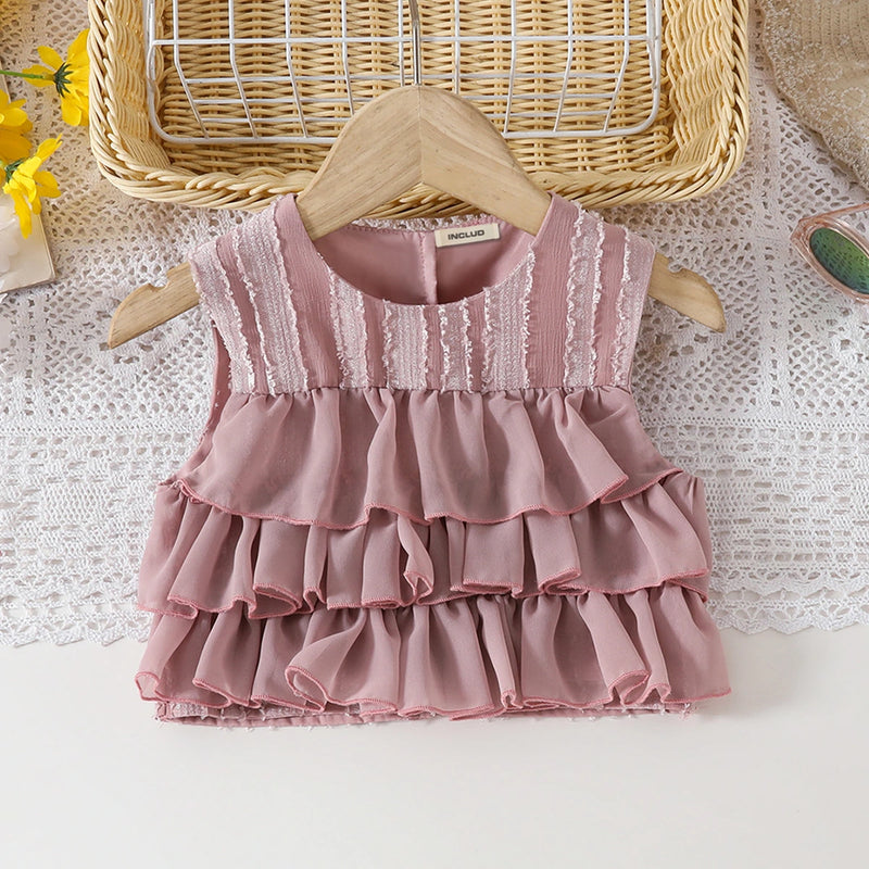 Girls Dusty Rose Self Stripes Ruffle Top With Skirts Set Sets