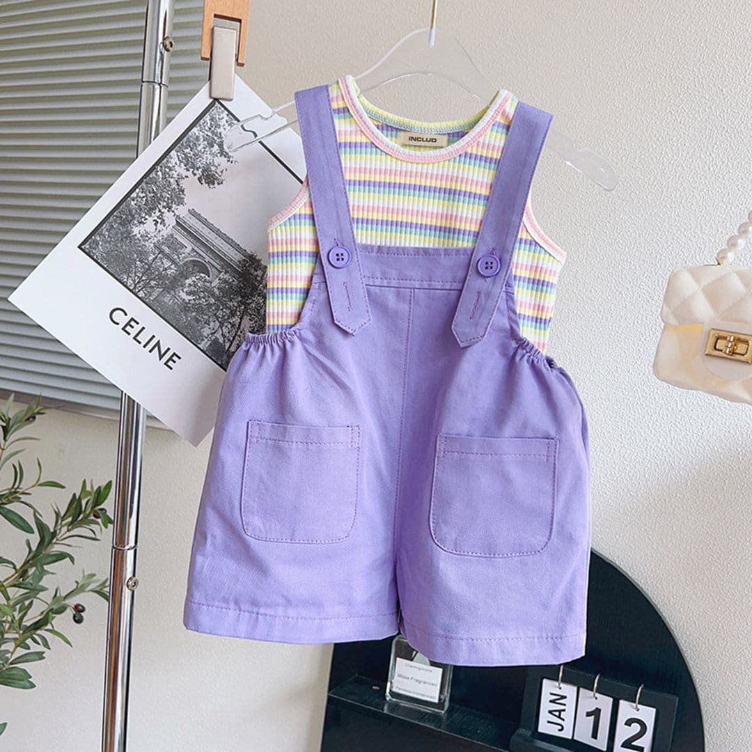 Girls Striped Tank Top with Dungaree Set Sets Purple 1-2 Y 