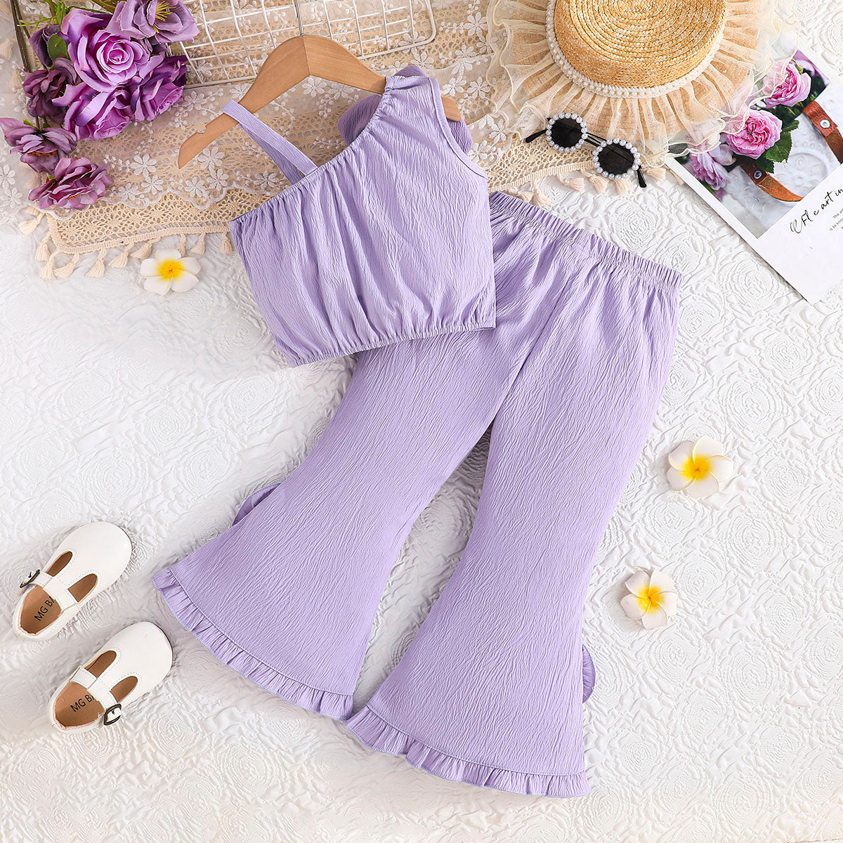 Girls Purple Textured One Shoulder Top With Flared Hem Pants Set 2 pc. Sets