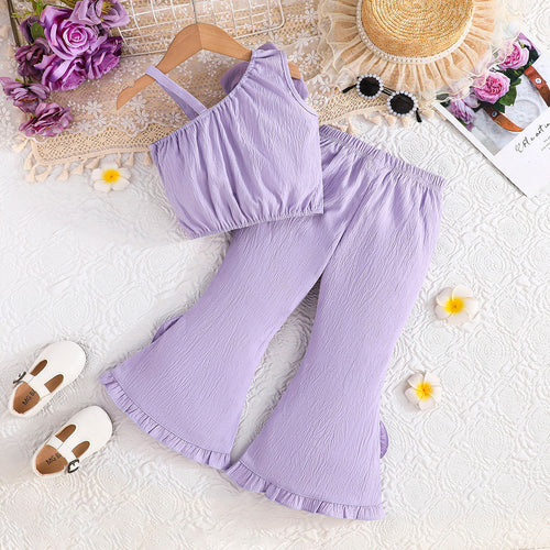 Girls Purple Textured One Shoulder Top With Flared Hem Pants Set 2 pc. Sets
