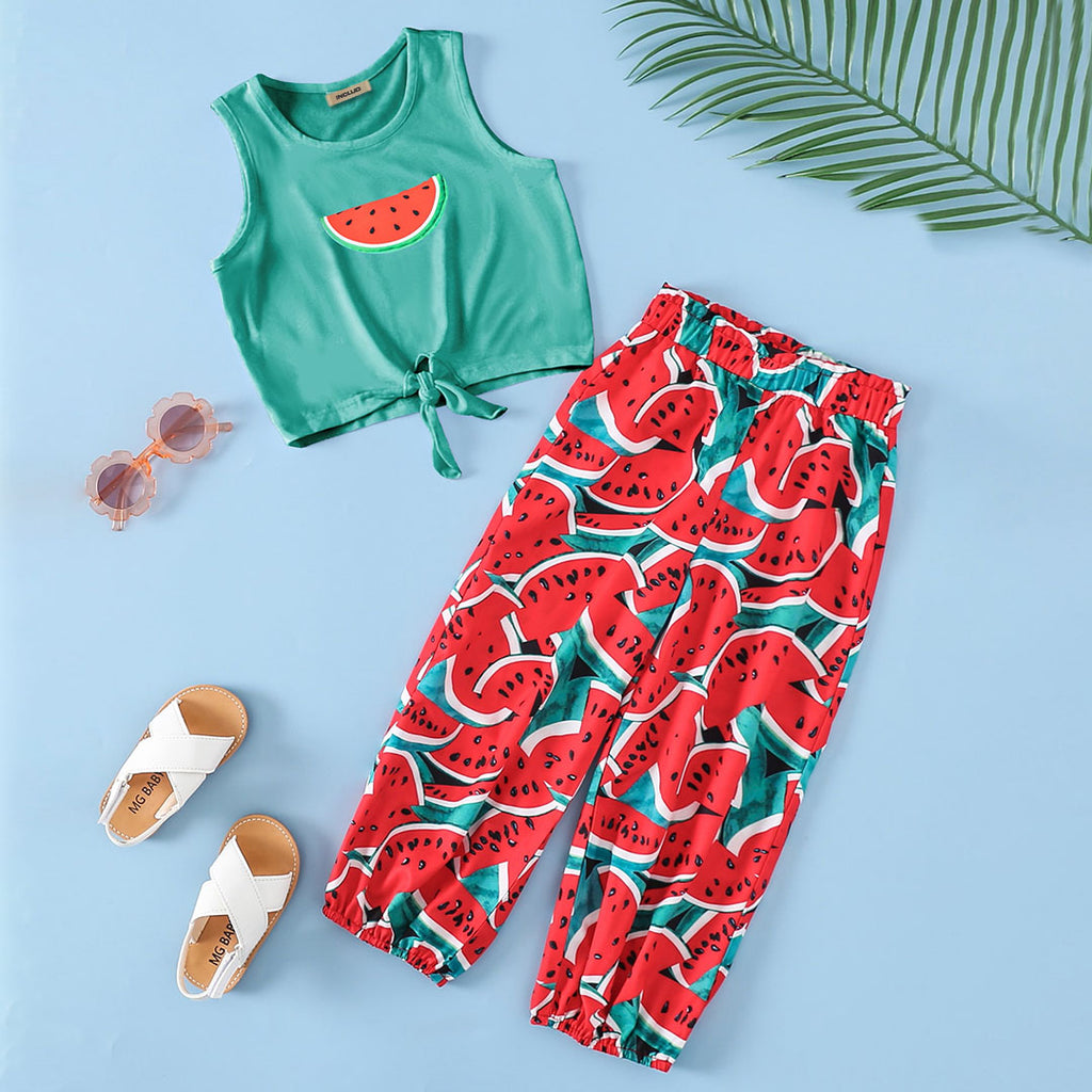 Girls Watermelon Print Bubble Knot Tee with Straight Fit Pants Set Sets Red 1-2 Y