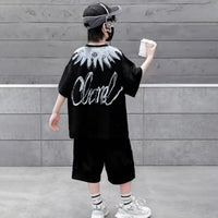 Boys Black Abstract Printed Oversized T-Shirt With Shorts Co-ord Sets Sets