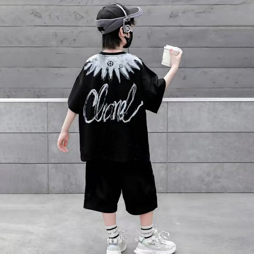 Boys Black Abstract Printed Oversized T-Shirt With Shorts Co-ord Sets Sets