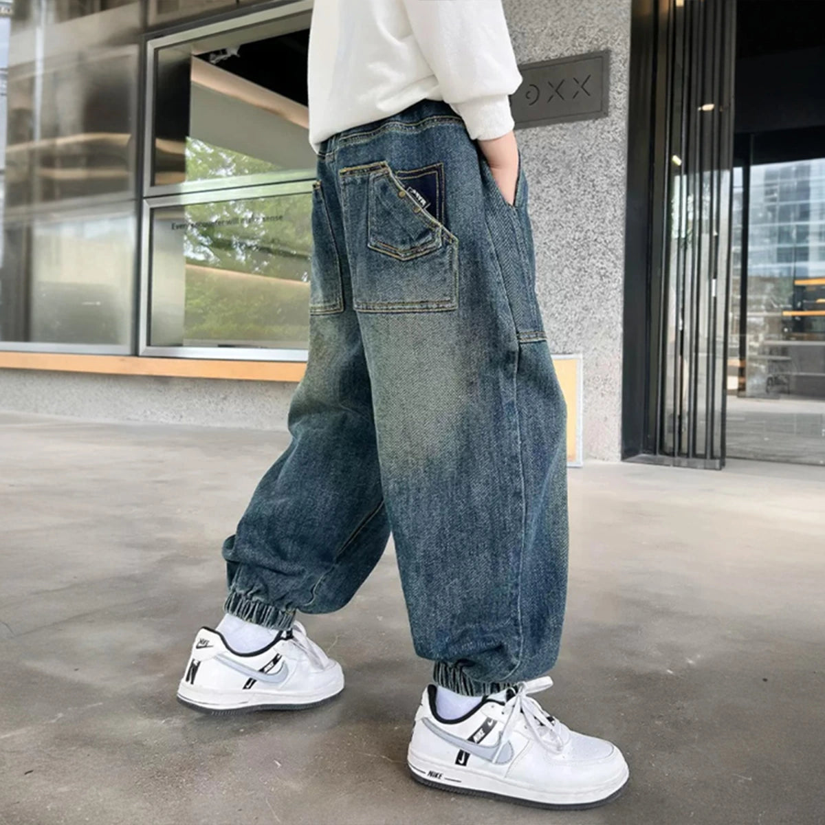 Boys Light Blue Denim Joggers With Front Patch Pockets Pants