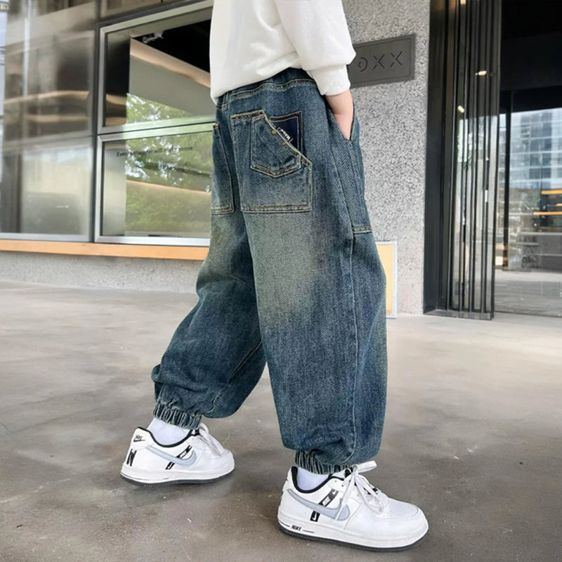 Boys Light Blue Denim Joggers With Front Patch Pockets Pants