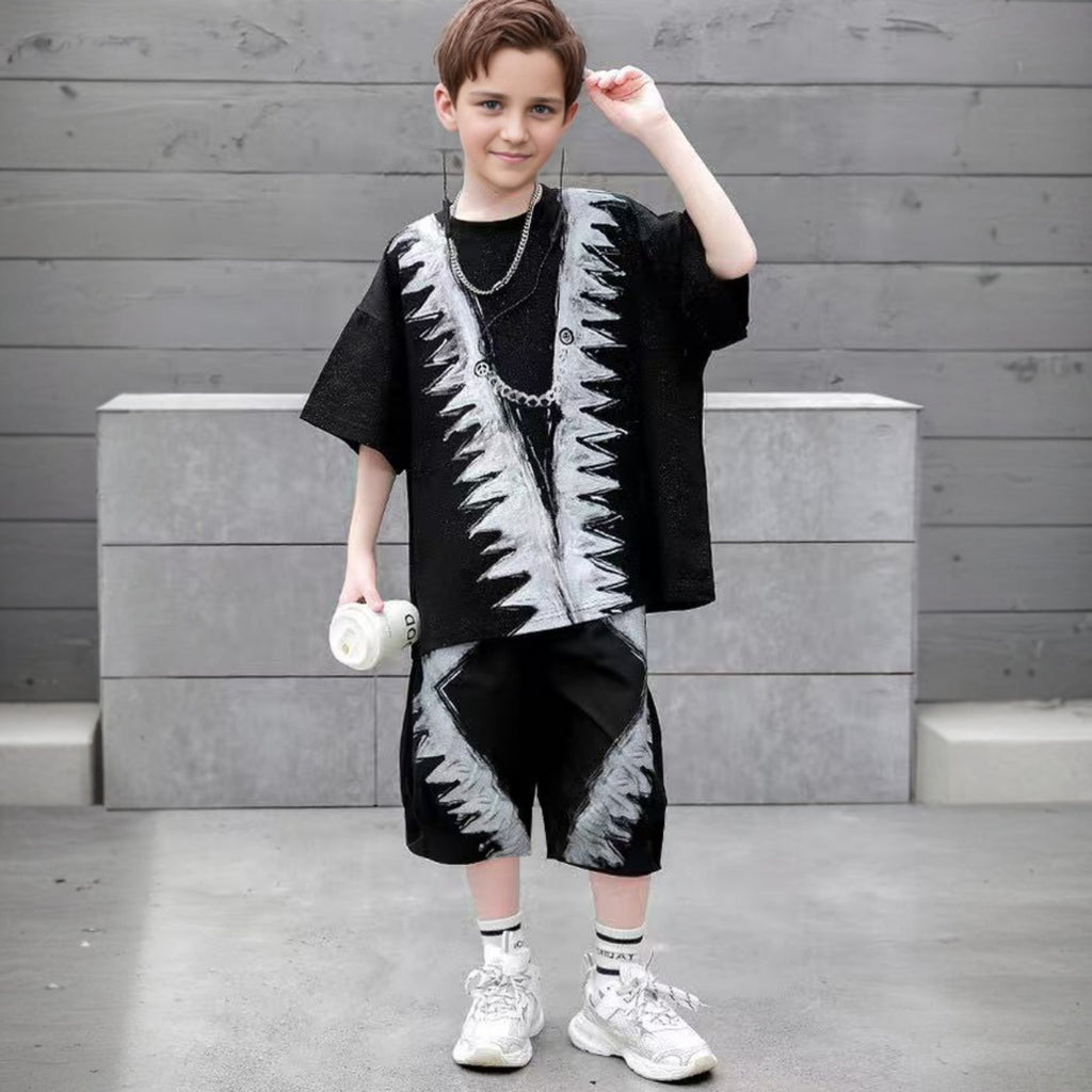 Boys Black Abstract Printed Summer Oversized T-Shirt With Shorts Set 2 pc. Sets