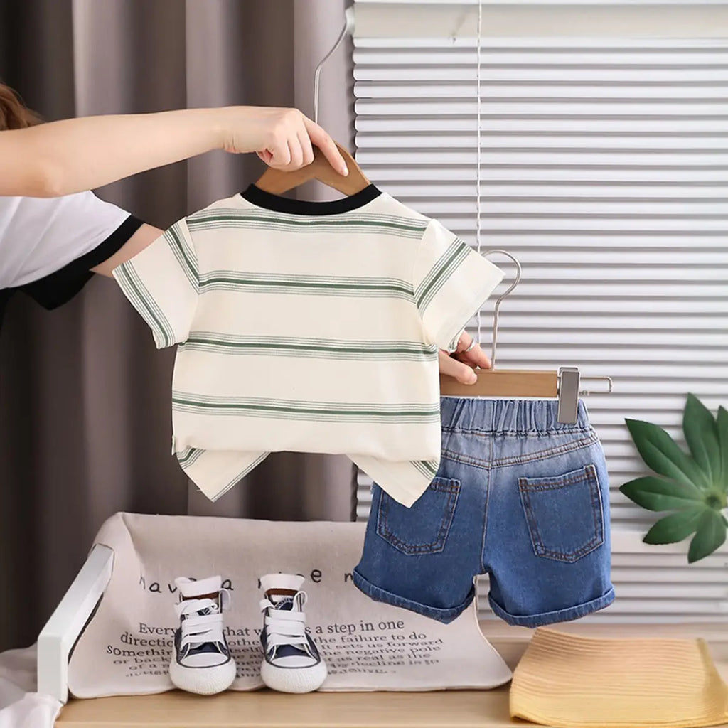 Boys Beige Panda Printed Striped Short Sleeve T-Shirt With Denim Shorts Sets 2 pc. Sets
