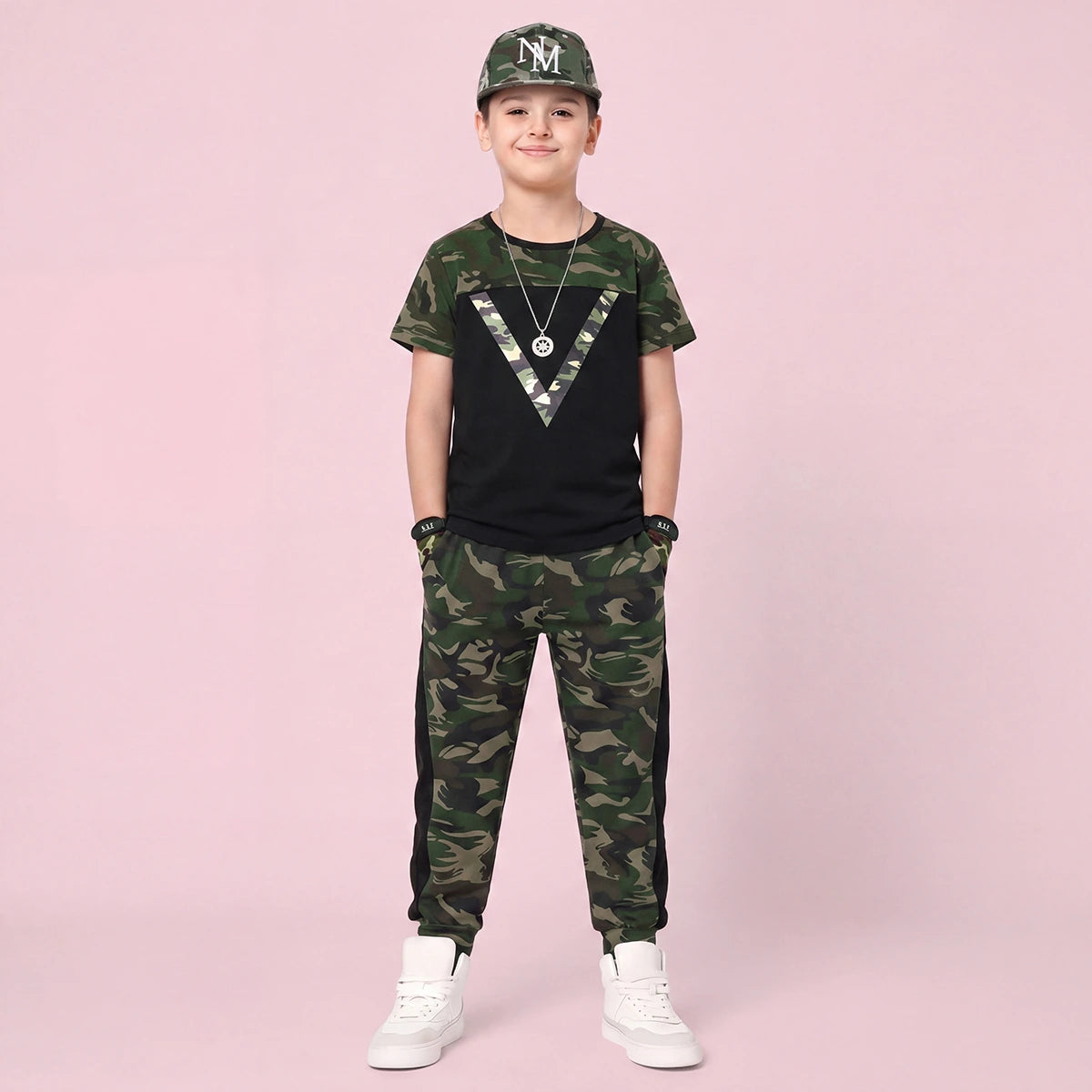 Boys Black Camouflage Print Short Sleeve T-Shirt With Pants Sets 2 pc. Sets Black 3-4 Y