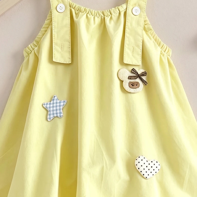 Girls Yellow Heart Applique Sleeveless Pinafore Dress Casual Dresses