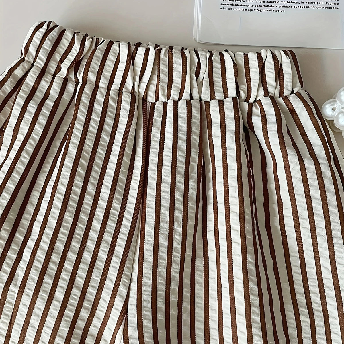 Girls Brown Sleeveless Top With Stripes Pants & Hat Sets Sets