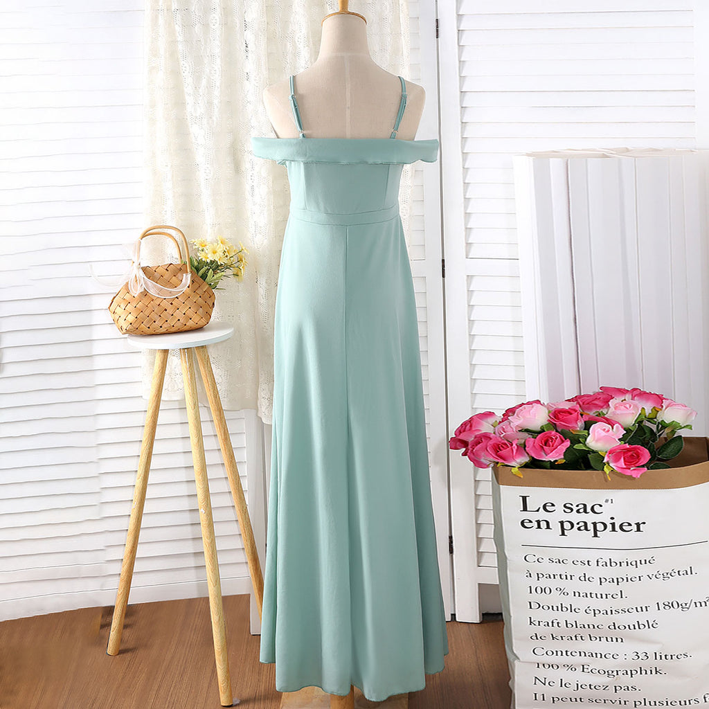 Girls Green Off Shoulder Spaghetti Strap Gown Party Dresses