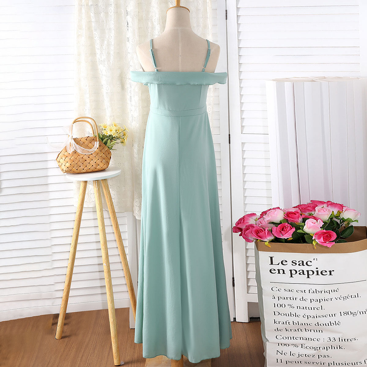 Girls Green Off Shoulder Spaghetti Strap Gown Party Dresses