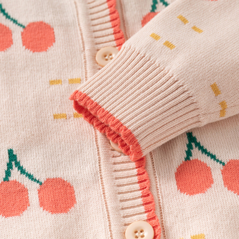 Girls Apricot Cardigan With Self-Design Cherry Patterns Sweaters & Cardigans