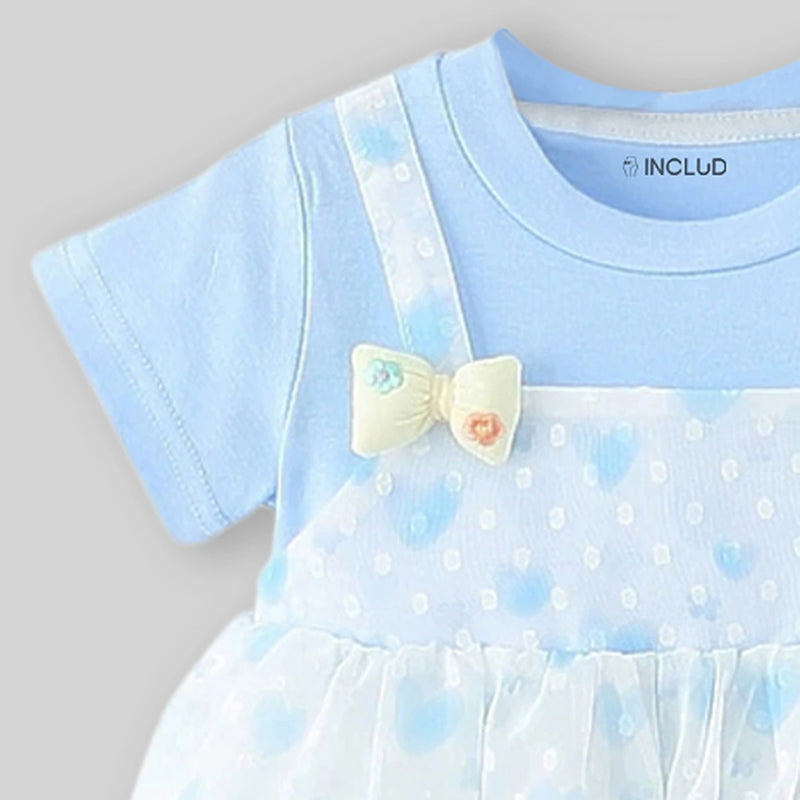 Girls Light Blue Heart Print Mock-Layered Pinafore Dress Casual Dresses