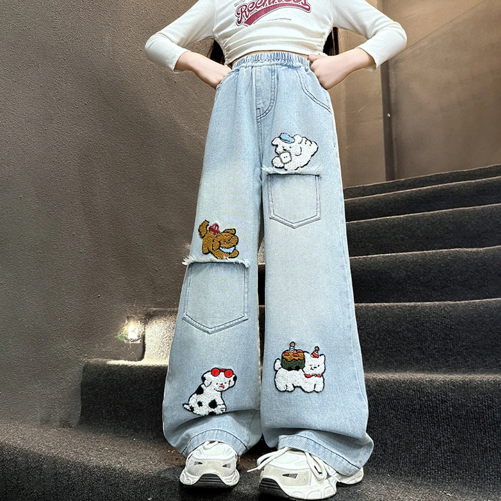 Girls Light Blue Animal Applique Baggy Fit Denim Jeans Pants
