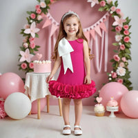 Girls Fuchsia Sleeveless A-line Party Wear Dress With Bow Applique Party Dresses