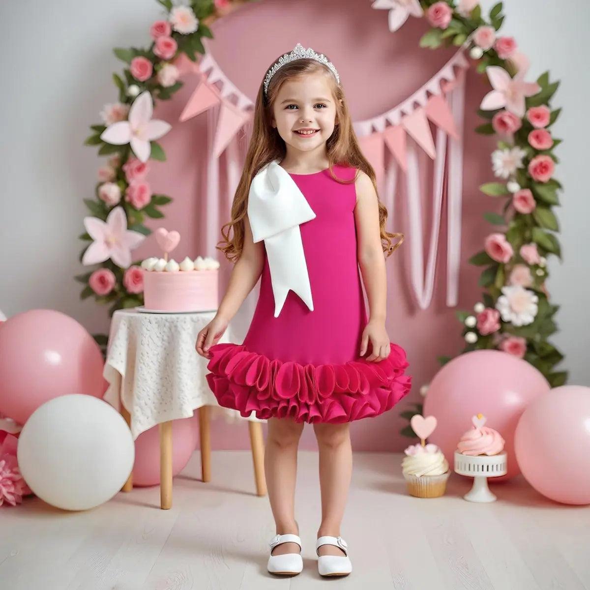 Girls Fuchsia Sleeveless A-line Party Wear Dress With Bow Applique Party Dresses