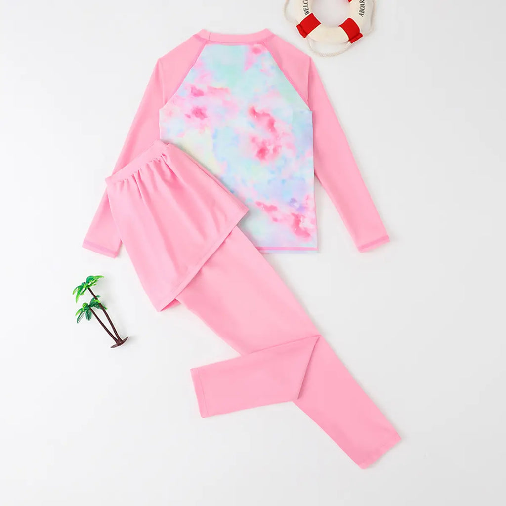 Girls Pink Tropical Print T-Shirt With Skirted Legging Swimwear Sets Beachwear