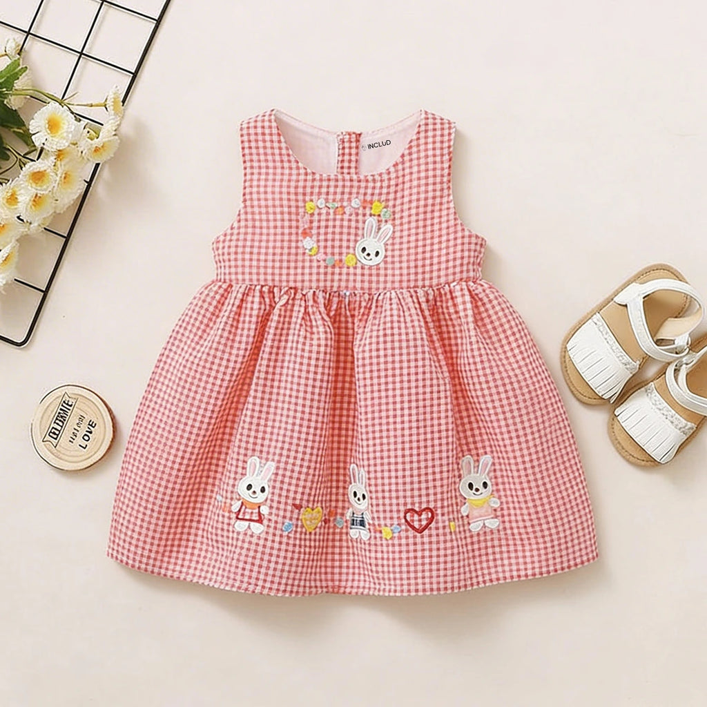 Girls Red Checked Bunny Embroidered Fit & Flare Dress Casual Dresses Red 1-2 Y