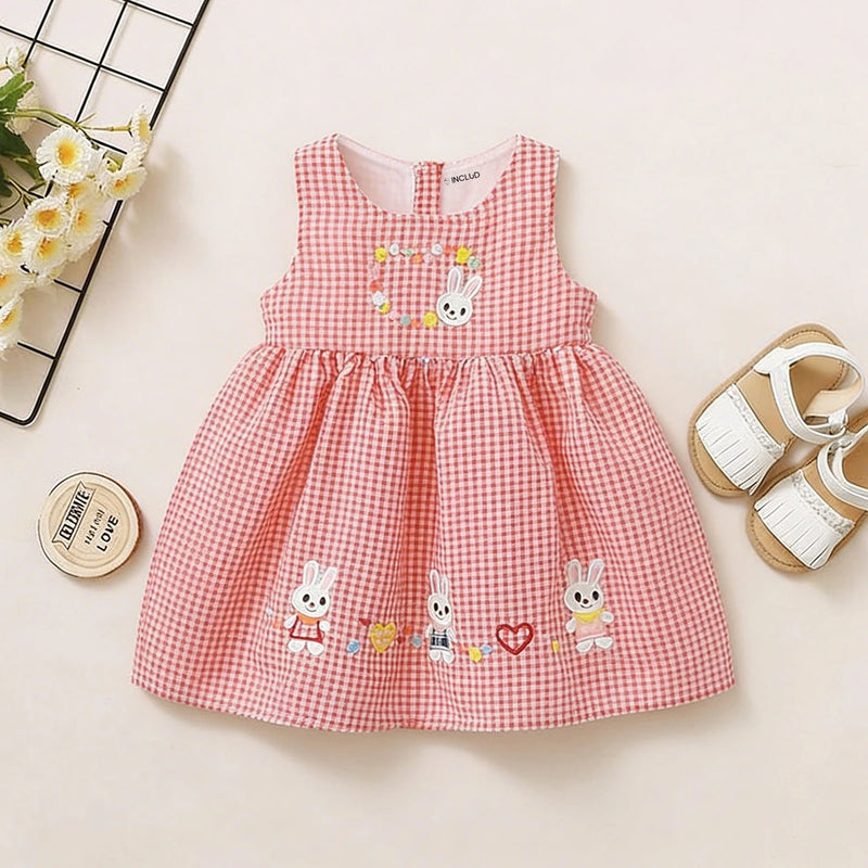 Girls Red Checked Bunny Embroidered Fit & Flare Dress Casual Dresses Red 1-2 Y