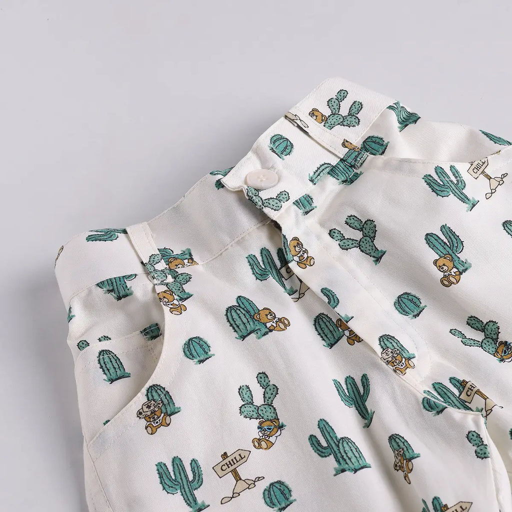 Boys Green Cactus Printed Shirt With T-Shirt And Shorts Sets 3 pc. Sets