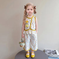 Girls Cream Polka Dot Print Sleeveless Top With Wide-Leg Pants Sets 2 pc. Sets Cream 1-2 Y