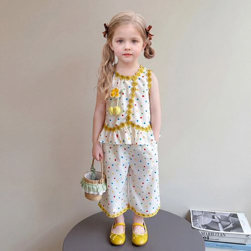 Girls Cream Polka Dot Print Sleeveless Top With Wide-Leg Pants Sets 2 pc. Sets Cream 1-2 Y
