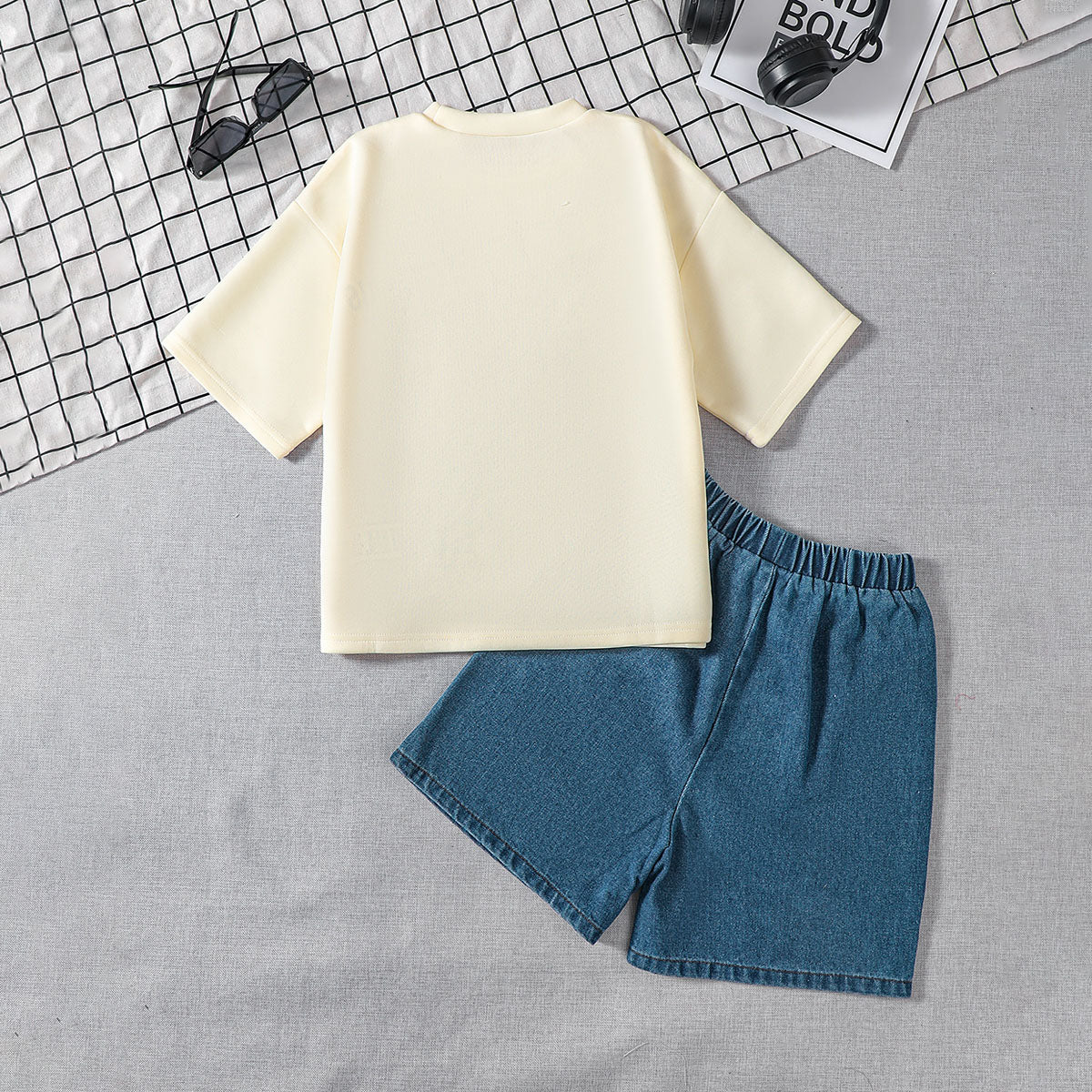 Boys Apricot Short Sleeves Round Neck T-Shirt With Denim Shorts Set 2 pc. Sets