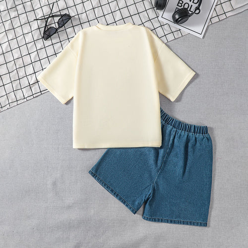 Boys Apricot Short Sleeves Round Neck T-Shirt With Denim Shorts Set 2 pc. Sets