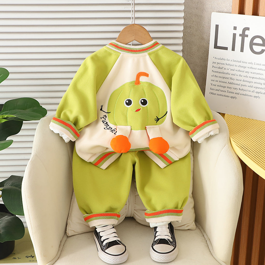 Boys Green Pumpkin Embroidered Varsity Jacket With T-Shirt & joggers Set Sets