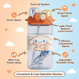 Cute Kids Orange Dual Spout Water Bottle with Straw, Leakproof Lid & Adjustable Strap Trending Accessories