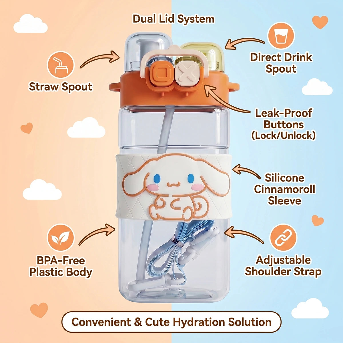 Cute Kids Orange Dual Spout Water Bottle with Straw, Leakproof Lid & Adjustable Strap Trending Accessories