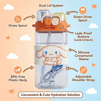 Cute Kids Orange Dual Spout Water Bottle with Straw, Leakproof Lid & Adjustable Strap Trending Accessories