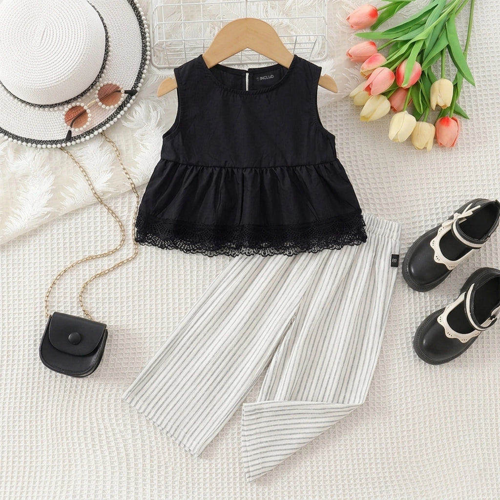 Girls Black Lace Peplum Top With Striped Pants Sets Sets Black 2-3 Y