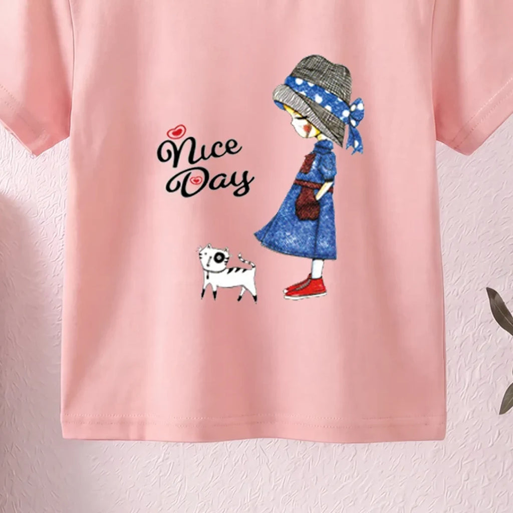 Girls Pink Nice Day Typography Print Short Sleeve T-Shirt Tshirts