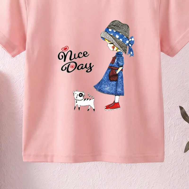 Girls Pink Nice Day Typography Print Short Sleeve T-Shirt Tshirts
