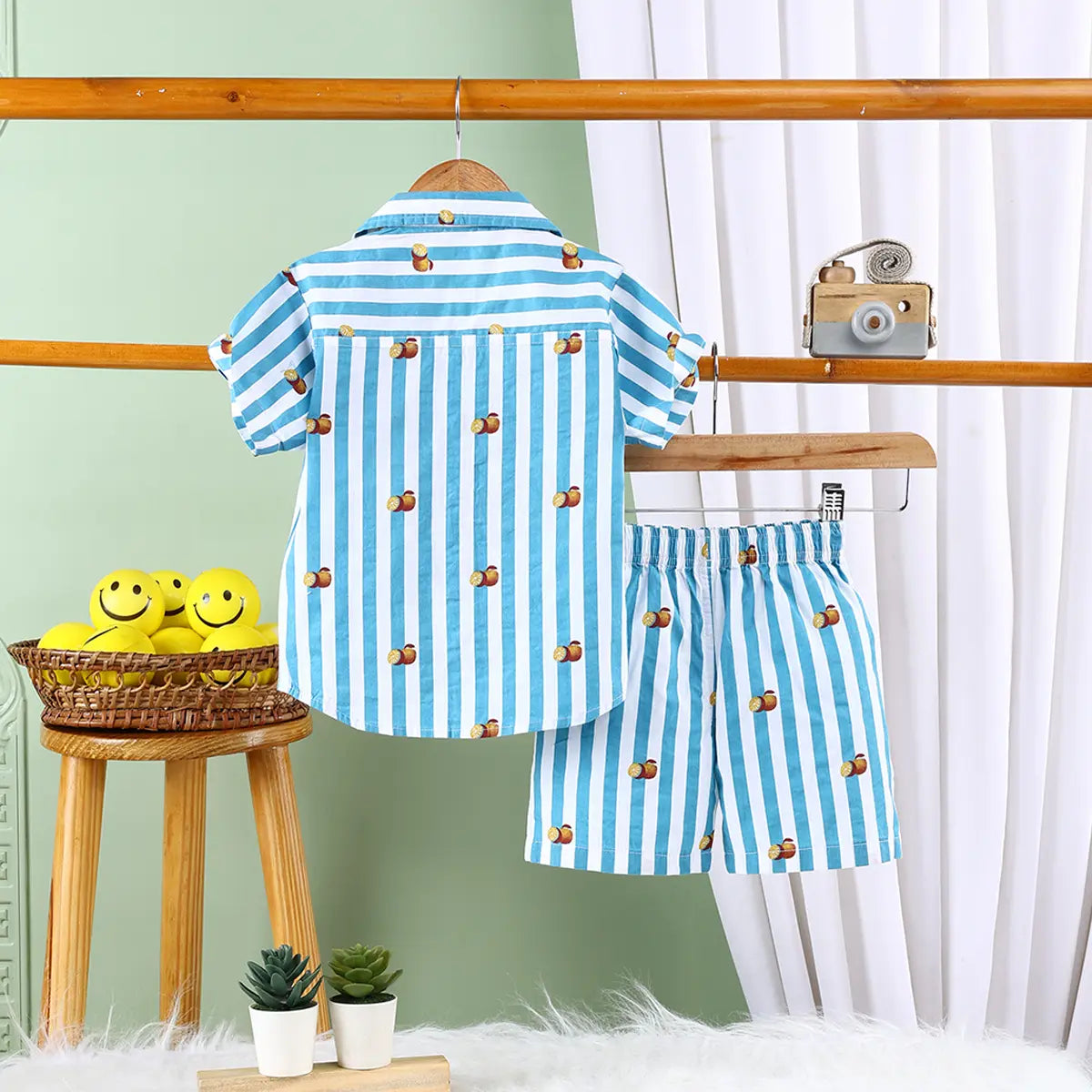 Boys Turquoise Striped Short Sleeves Shirt With Elasticated Shorts Sets Sets