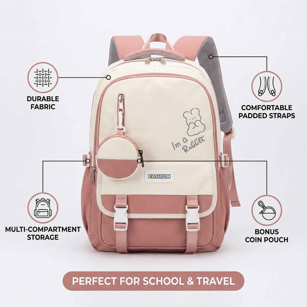 Kids Pink Bunny Multi-Compartment School Backpack Trending Accessories