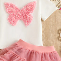 Girls 3D Butterfly Applique Top With Peach Tiered Tulle Skirt Sets Sets