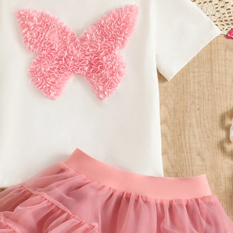 Girls 3D Butterfly Applique Top With Peach Tiered Tulle Skirt Sets Sets