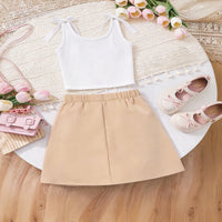 Girls White Ribbed Tank Top With Cargo Skirt Sets Sets